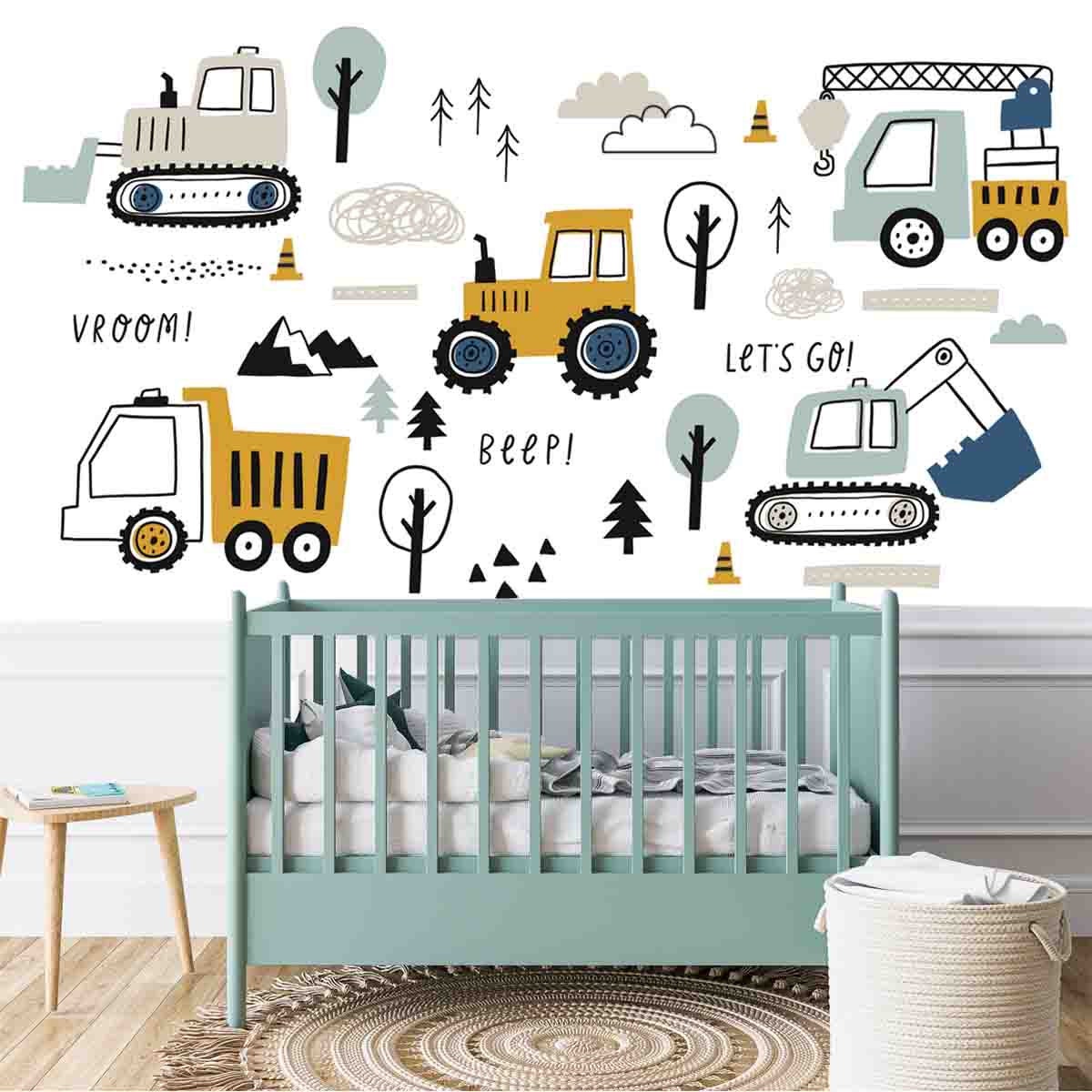 Hand Drawn Cute Cars - Truck, Tractor, Cargo Crane, Bulldozer, Excavator Wallpaper Nursery Mural