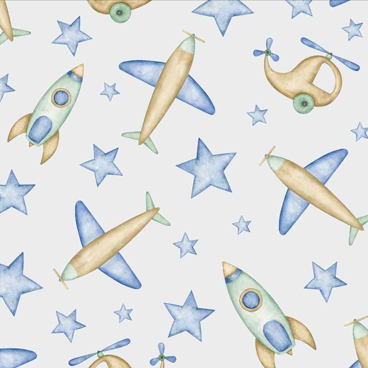 Air Transport Baby Boy Watercolor Seamless Pattern. Hand Drawn Wooden Toys Wallpaper Nursery Mural