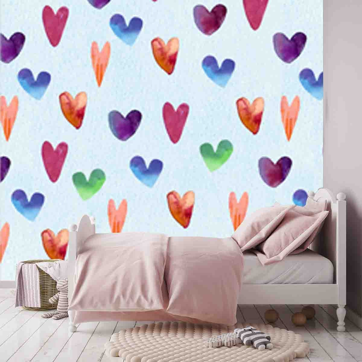 Watercolor Kids Hearts Seamless Pattern. Doodle Hand Painted Background Wallpaper Girl Bedroom Mural