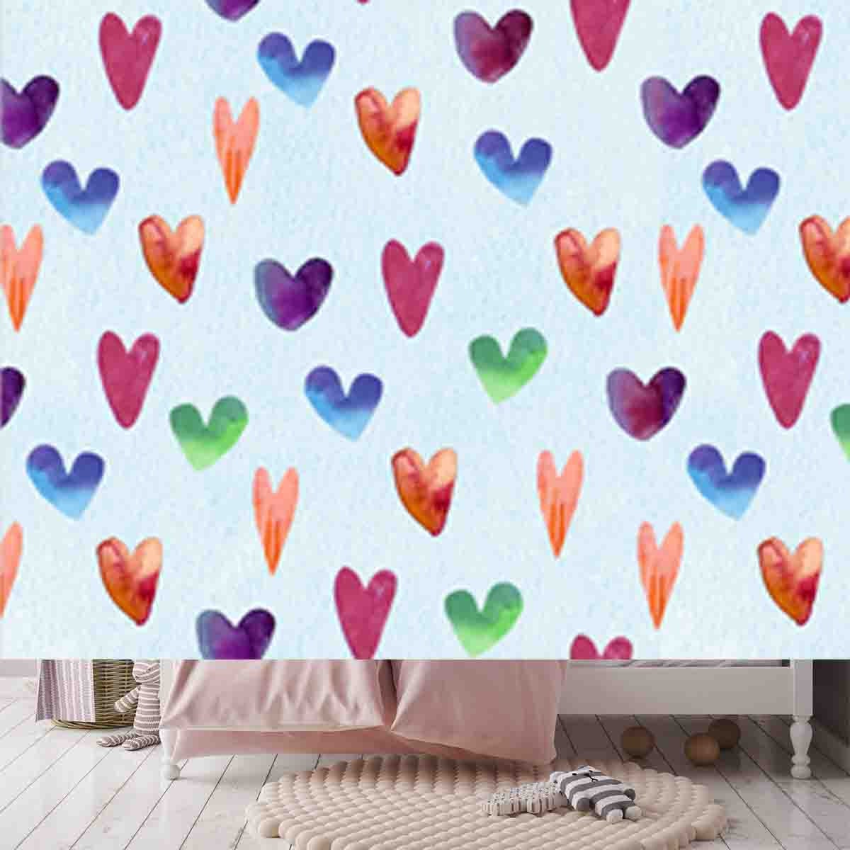 Watercolor Kids Hearts Seamless Pattern. Doodle Hand Painted Background Wallpaper Girl Bedroom Mural