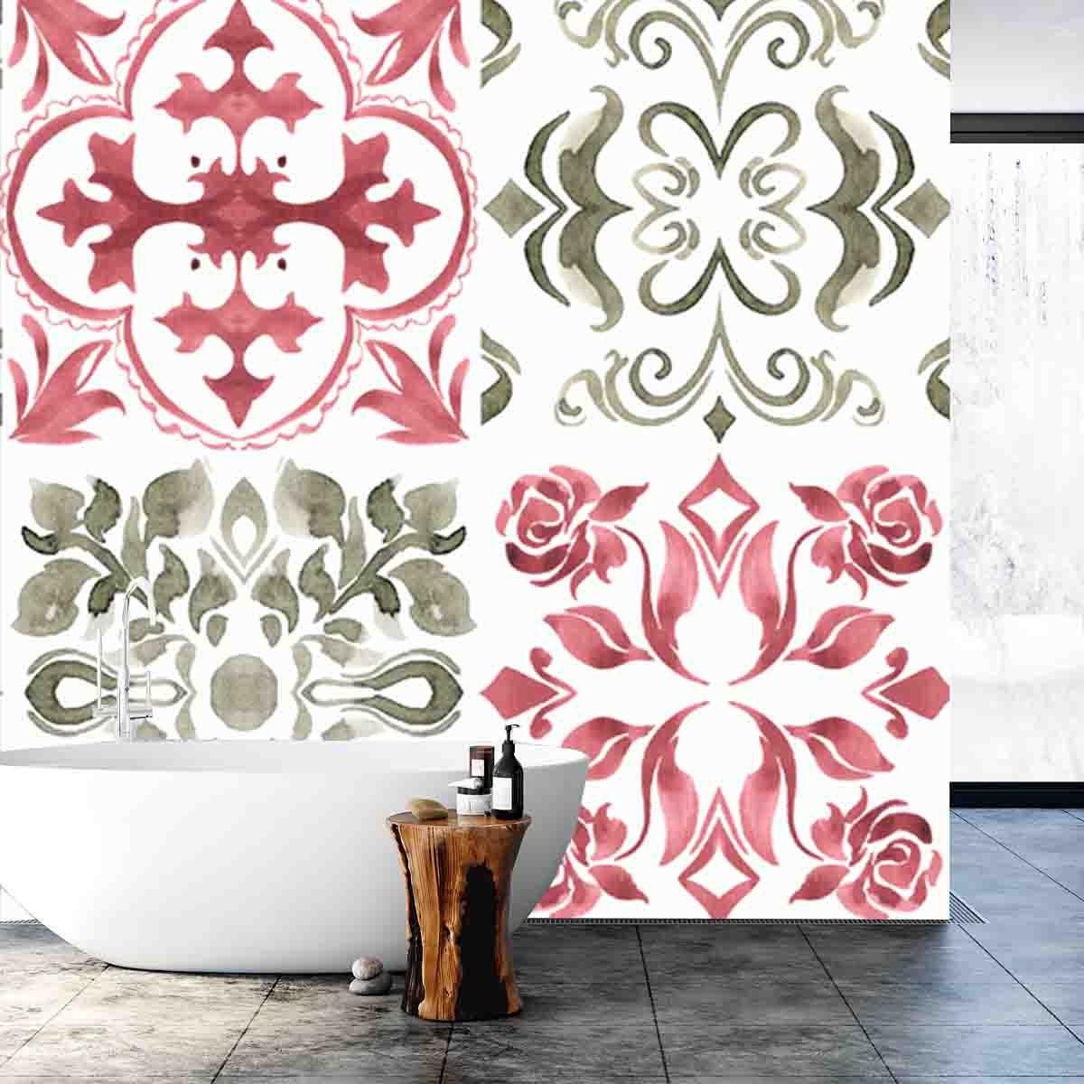 Pik and Grey Tile Pattern Seamless with Ornaments Wallpaper Bathroom Mural