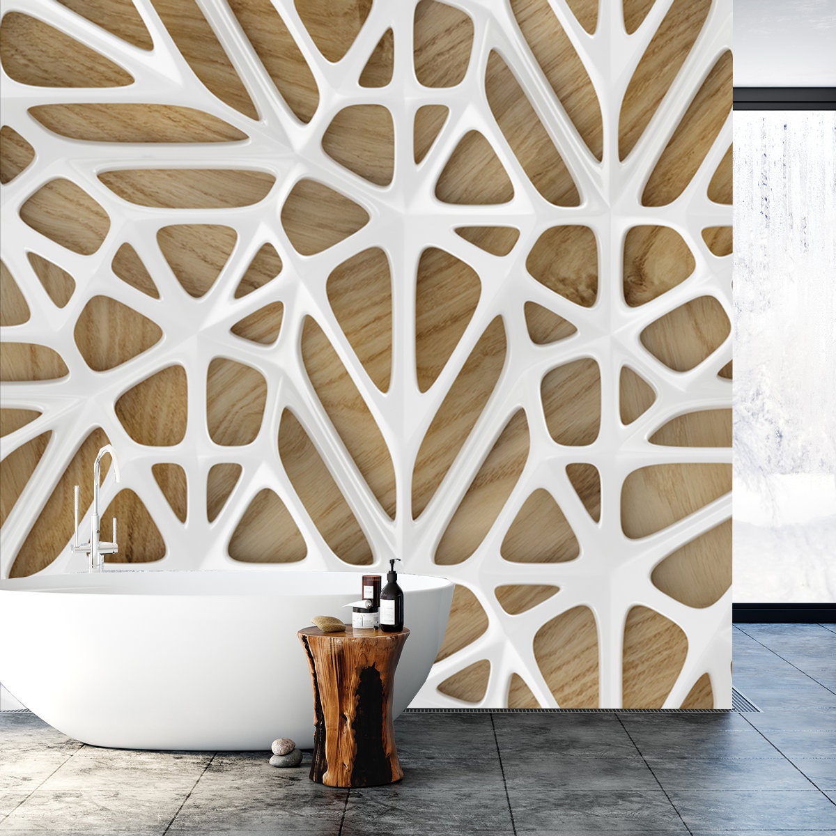 3d White Lattice Tiles on Wooden Oak Background Wallpaper Bathroom Mural