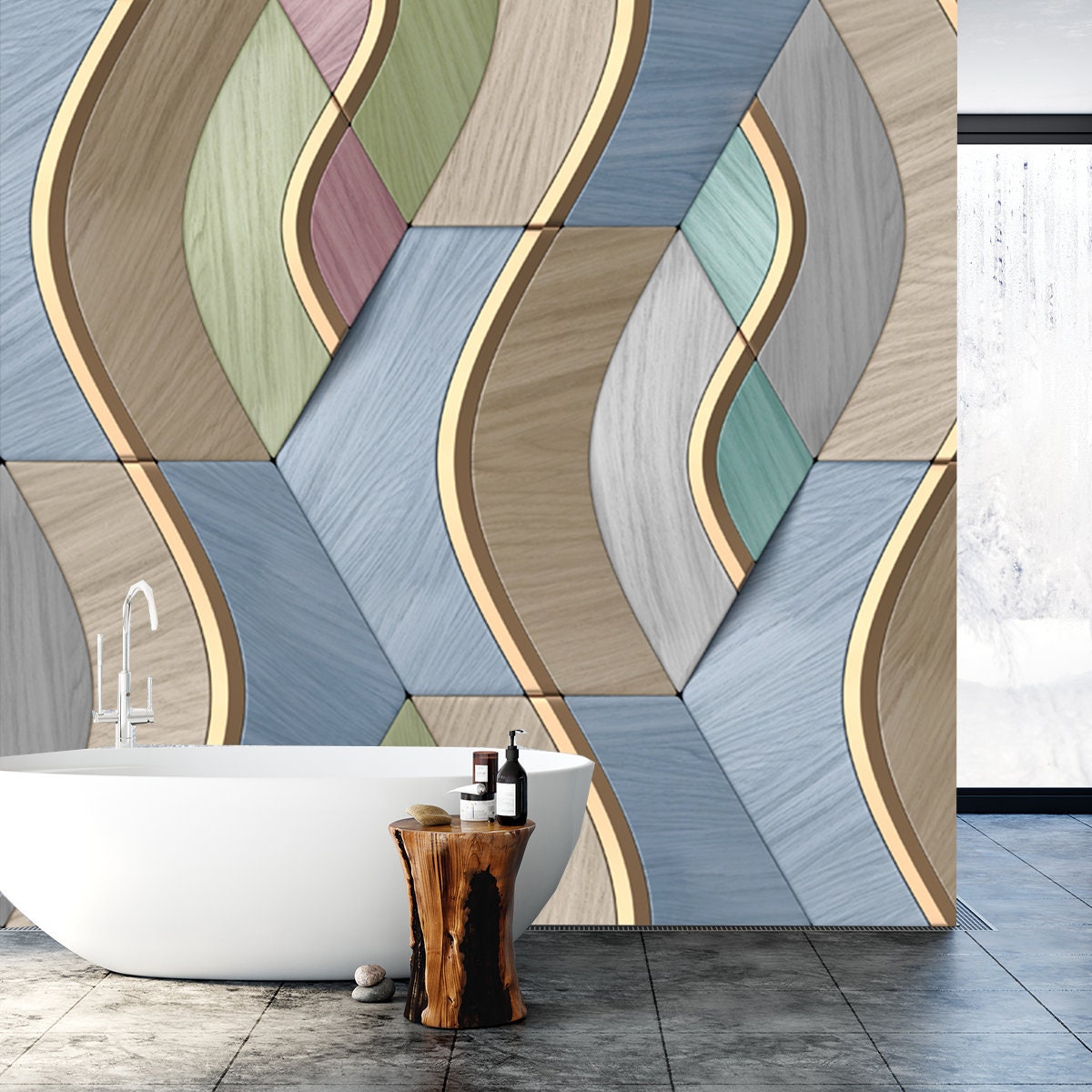 3d Illustration. Geometric Seamless 3D Pattern in Colors Wood Fragments with Golden Elements Wallpaper Bathroom Mural