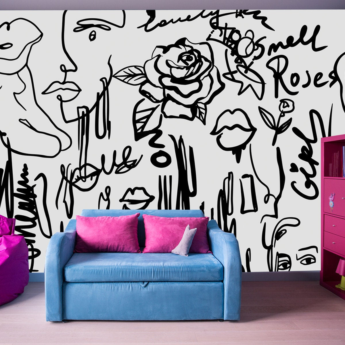 Grunge Wallpaper with Black Graffiti on White Background. Abstract Wallpaper with Female Faces, Lips, Text, Graffiti Teen Bedroom Mural
