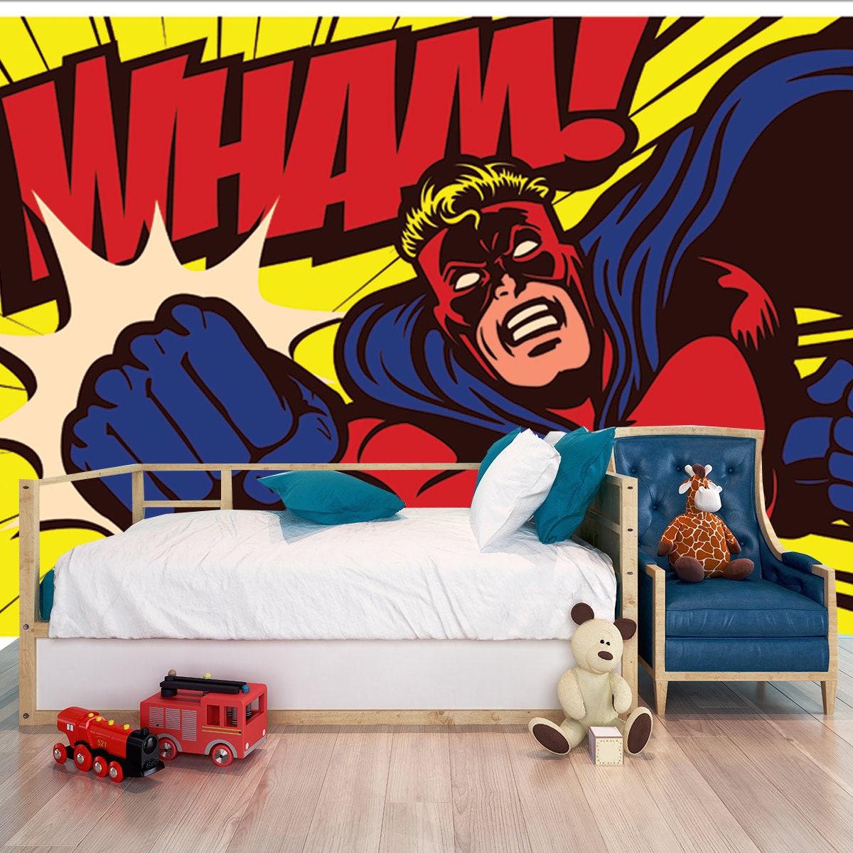 Pop Art Comic Book Style Superhero Punching Wallpaper Boy Bedroom Mural