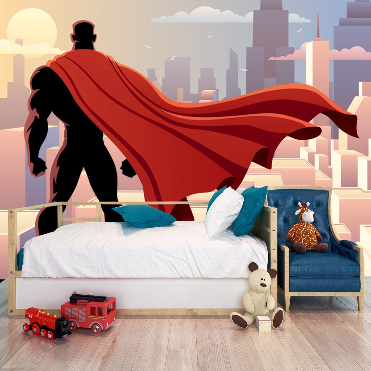 Superhero with Cape Watching Over City Wallpaper Boys Bedroom Mural