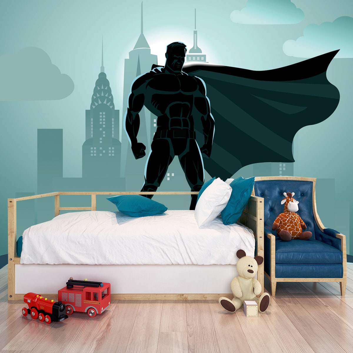 Superhero in City: Superhero Watching Over the City Wallpaper Boy Bedroom Mural