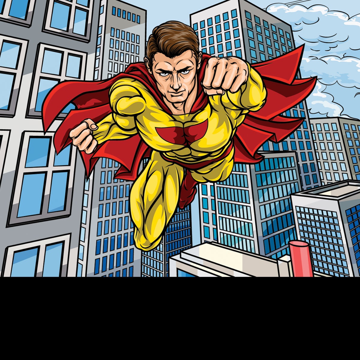 Cartoon Superhero in a Pop Art Comic Book Style Flying Over a City Wallpaper Boy Bedroom Mural