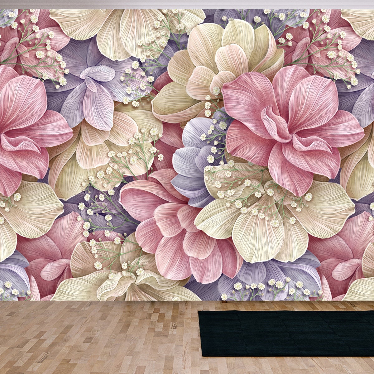 Romantic Delicate Flowers, Hydrangea, Pink, Beige, Purple, White Gypsophila Wallpaper Living Room Mural