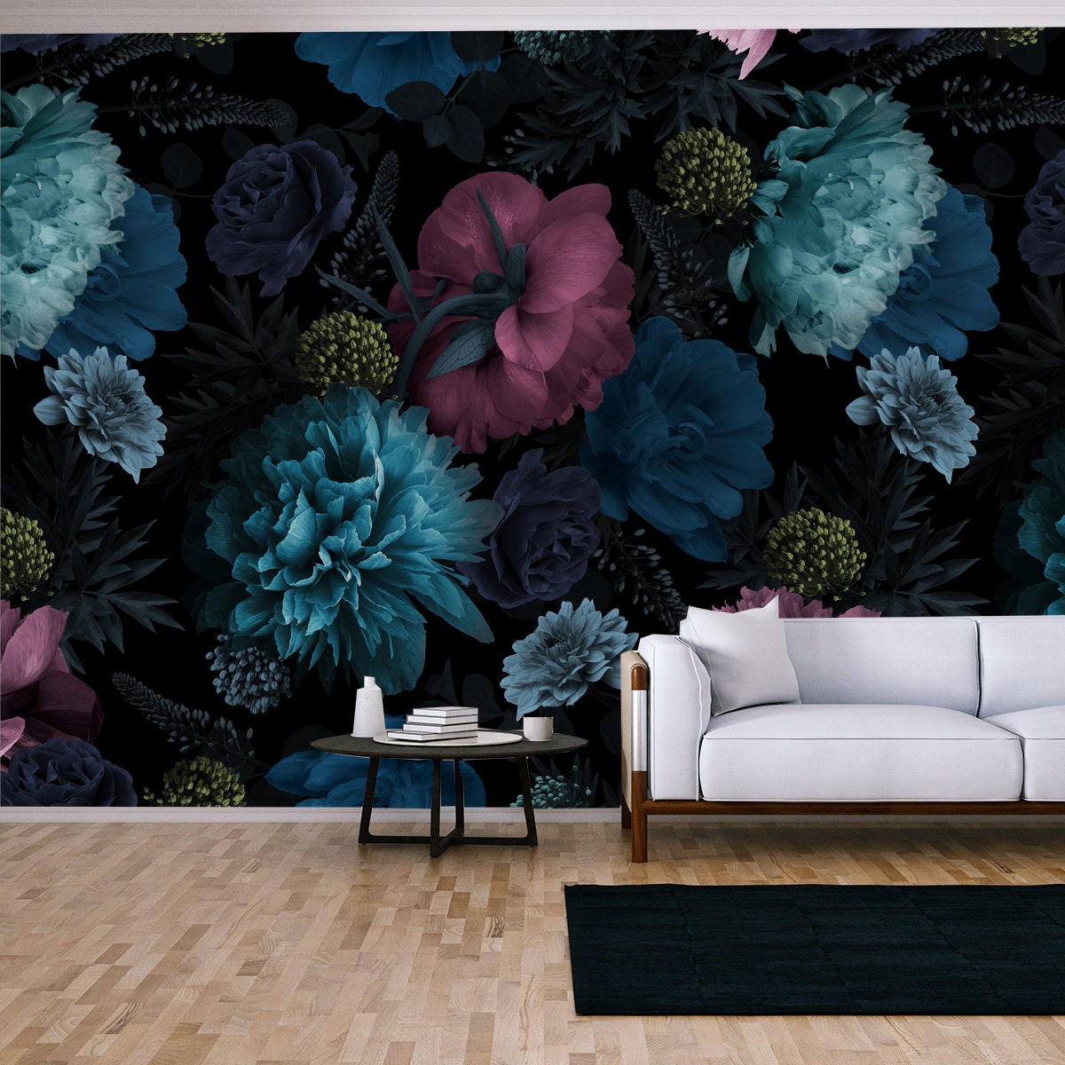 Unusual Floral Summer Seamless Pattern. Garden Peonies. Blue and Pink Flowers Wallpaper Living Room Mural