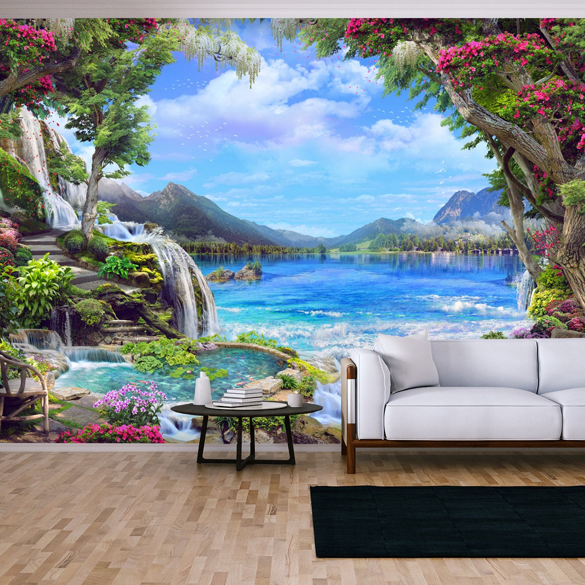 Beautiful Garden with Pink and White Flowers, Petals, Waterfall with Access to the Lake Wallpaper Living Room Mural