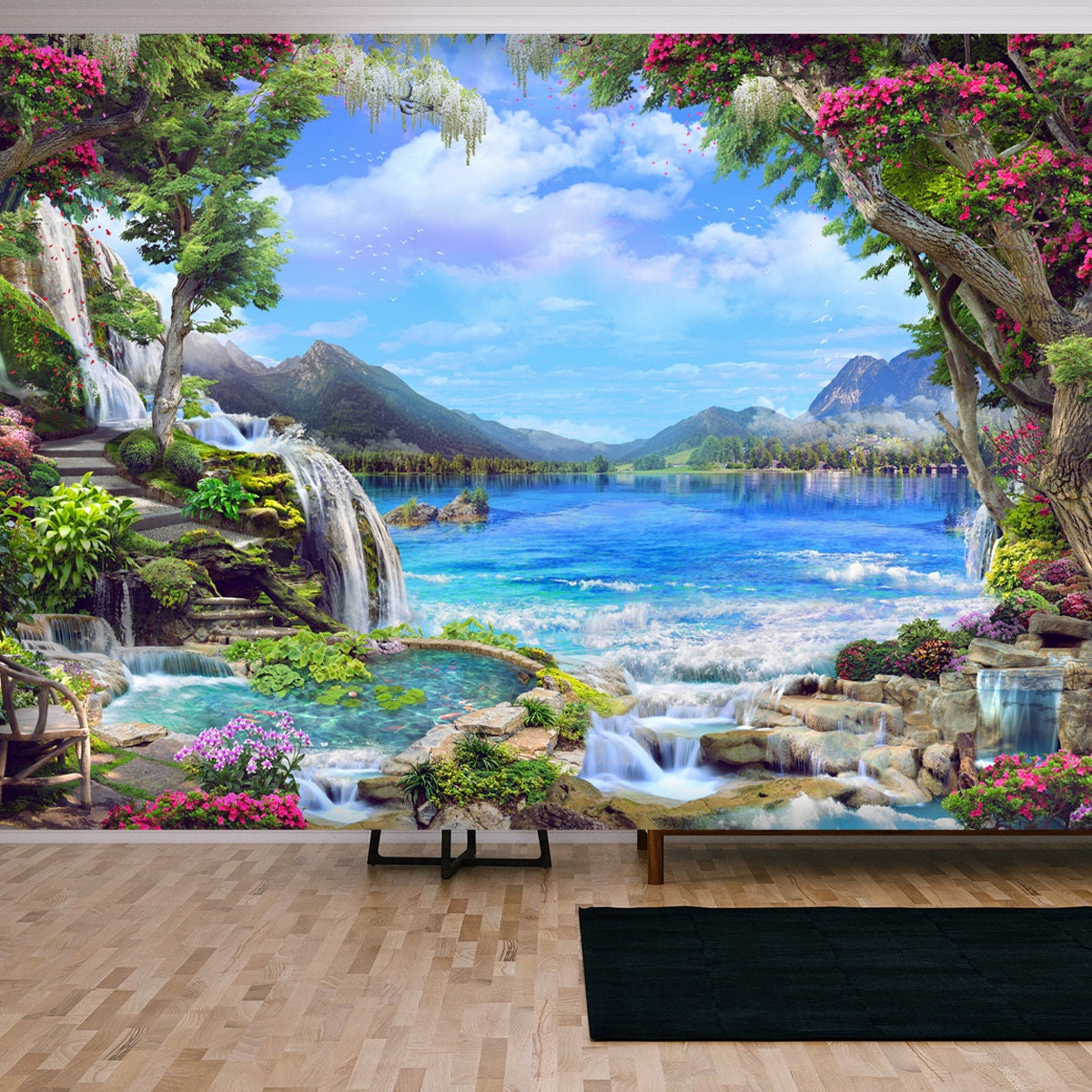 Beautiful Garden with Pink and White Flowers, Petals, Waterfall with Access to the Lake Wallpaper Living Room Mural