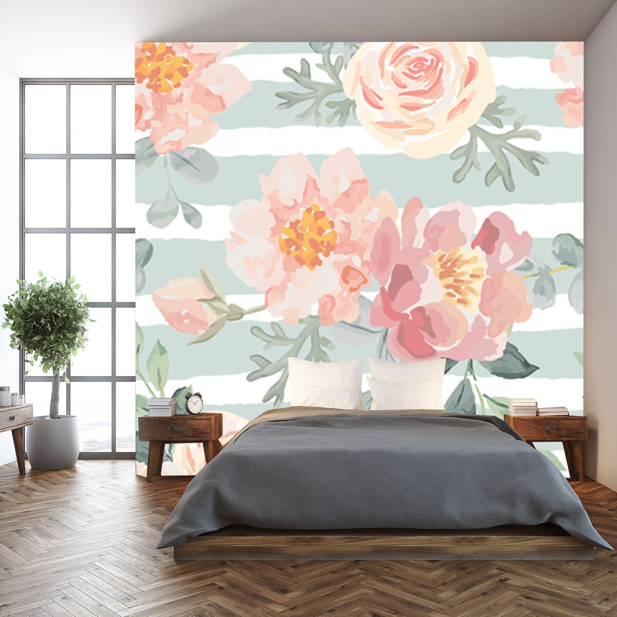 Pale Pink Roses and Peonies with Gray Leaves on the Striped Background Wallpaper Bedroom Mural