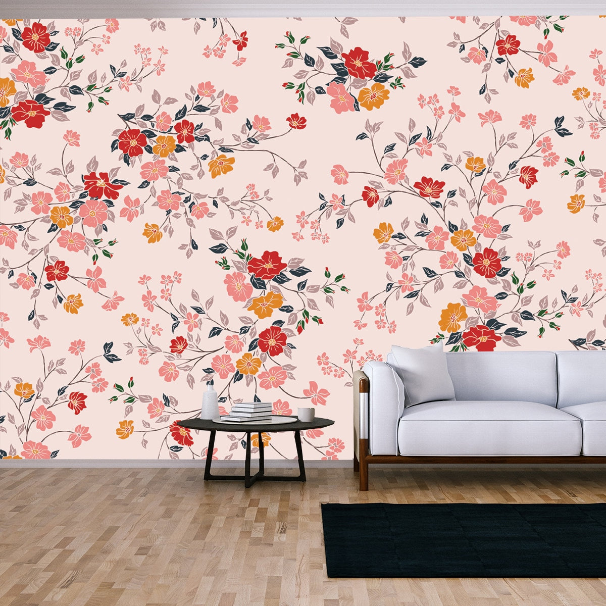 Pale Pink, Dark Pink and Yellow Flowers on a Pale Pink Background Wallpaper Living Room Mural