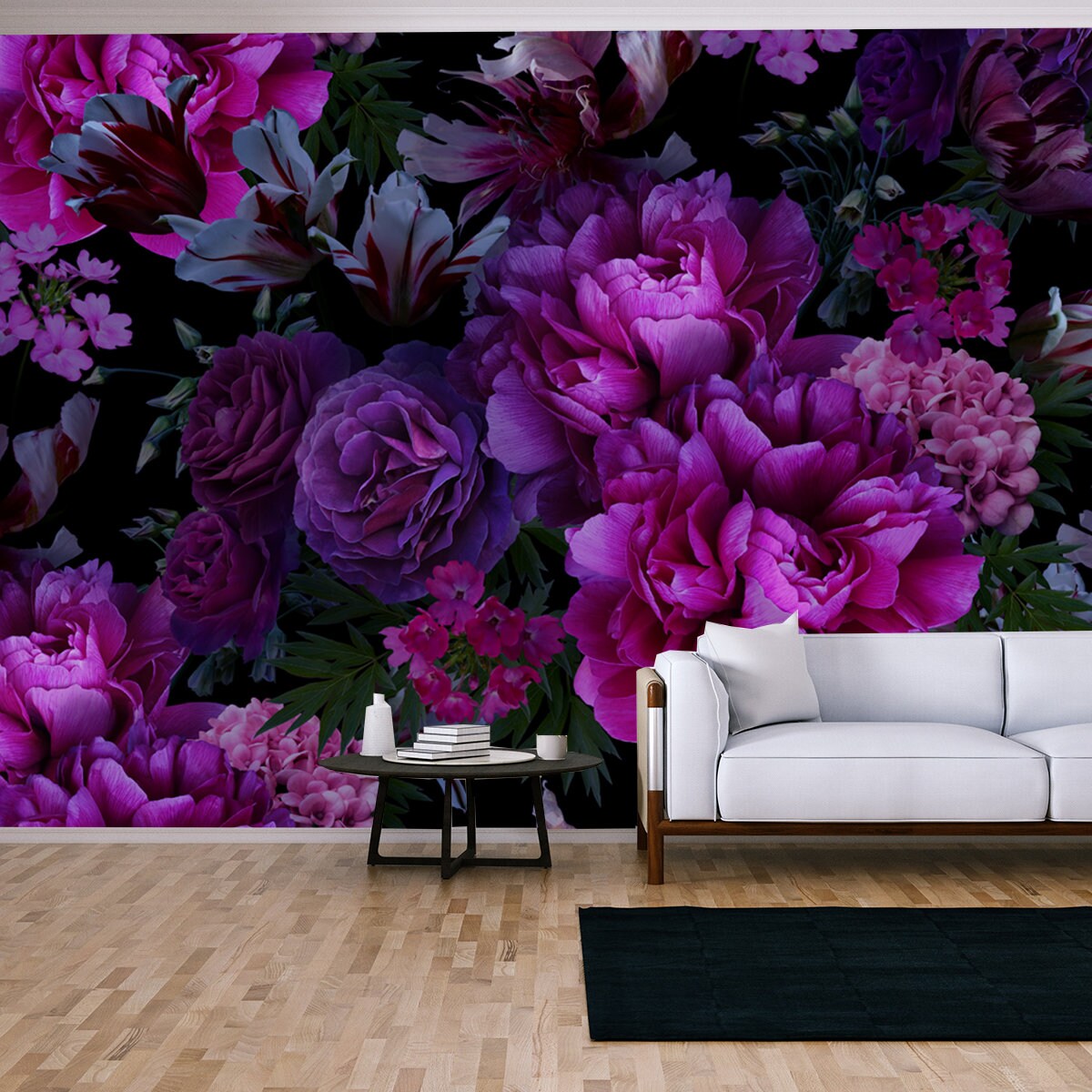 Floral Vintage Seamless Pattern. Blooming Peonies, Roses, Tulips, Garden Flowers, Decorative Herbs, Leaves on Black Living Room Mural