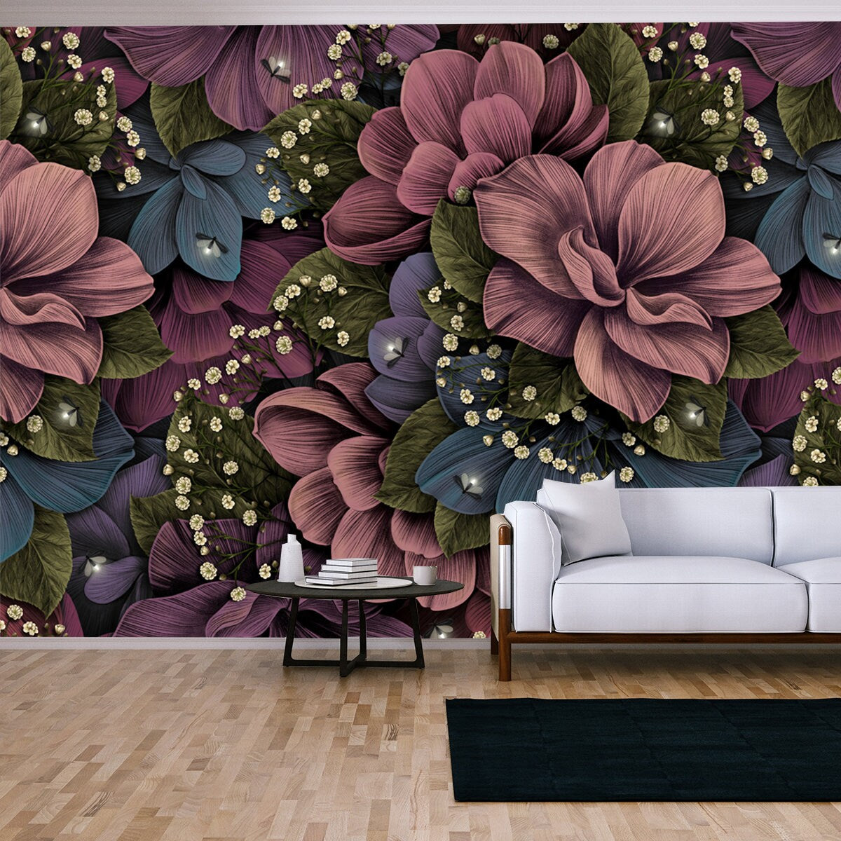 Floral Vintage Background. Garden Flowers, Hydrangea, Gypsophila, Leaves, Fireflies, Magic Blooming Night Wallpaper Living Room Mural