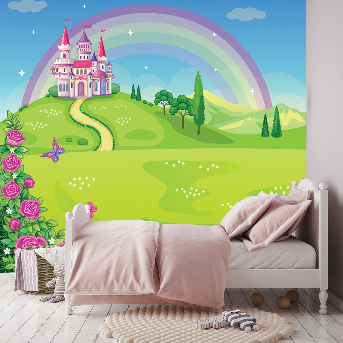 Fairytale Background with Flower Meadow. Princess's Castle and Rainbow. Fabulous Landscape with Butterflies Wallpaper Girls Bedroom Mural