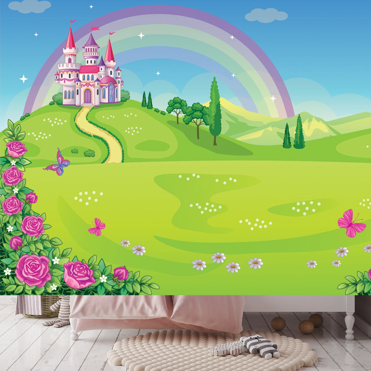 Fairytale Background with Flower Meadow. Princess's Castle and Rainbow. Fabulous Landscape with Butterflies Wallpaper Girls Bedroom Mural