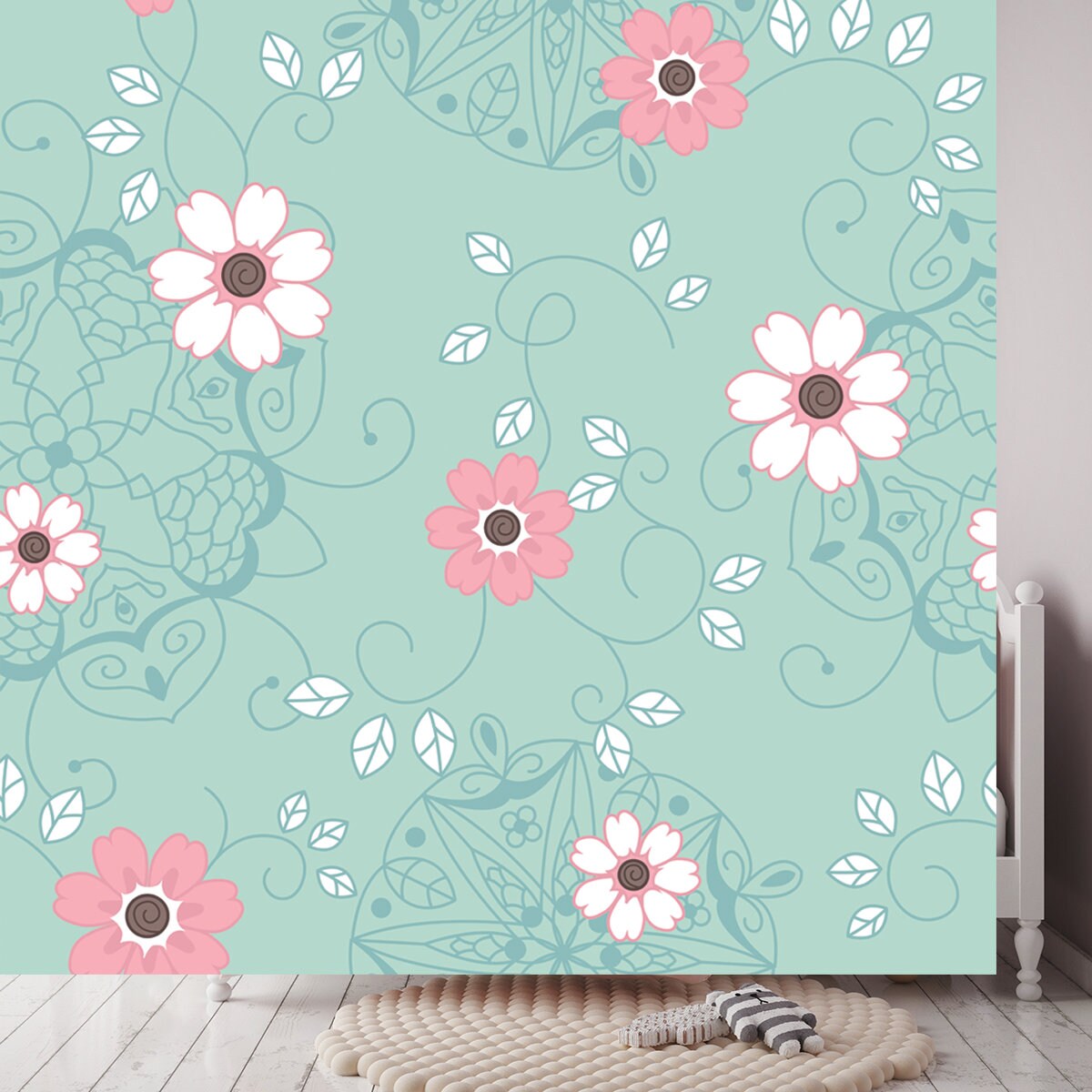 Pink and White Flowers and Little White Leaves and Vines with Beautiful Mandalas on a Turquoise Background Wallpaper Girls Bedroom Mural