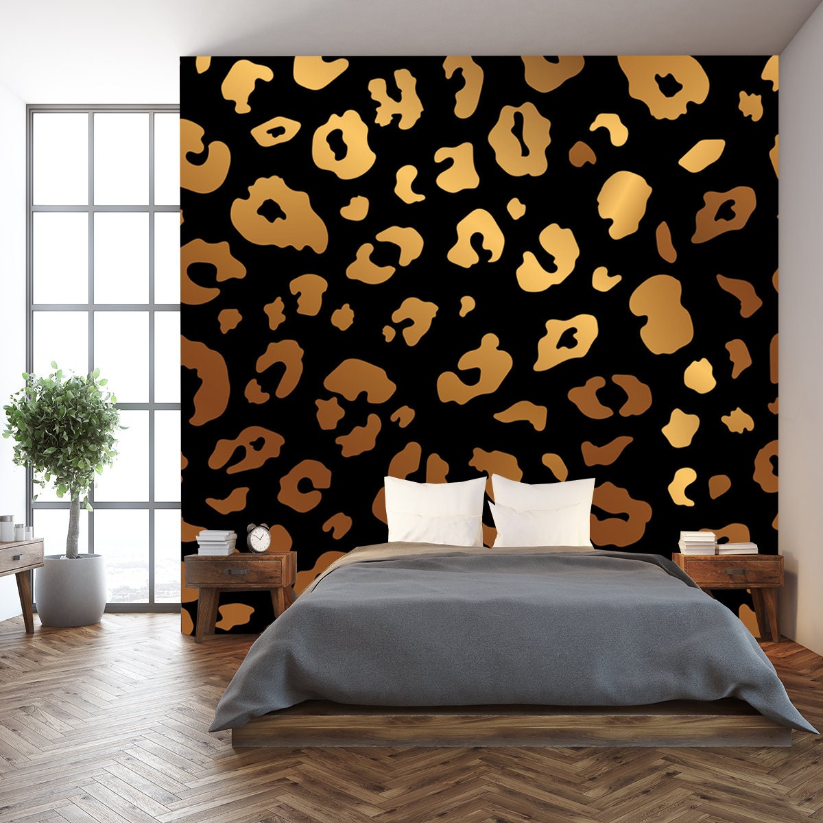 Trendy Bronze Leopard Abstract Pattern. Wild Animal Cheetah Skin Gold Metallic Texture on Black Background Wallpaper Bedroom Mural
