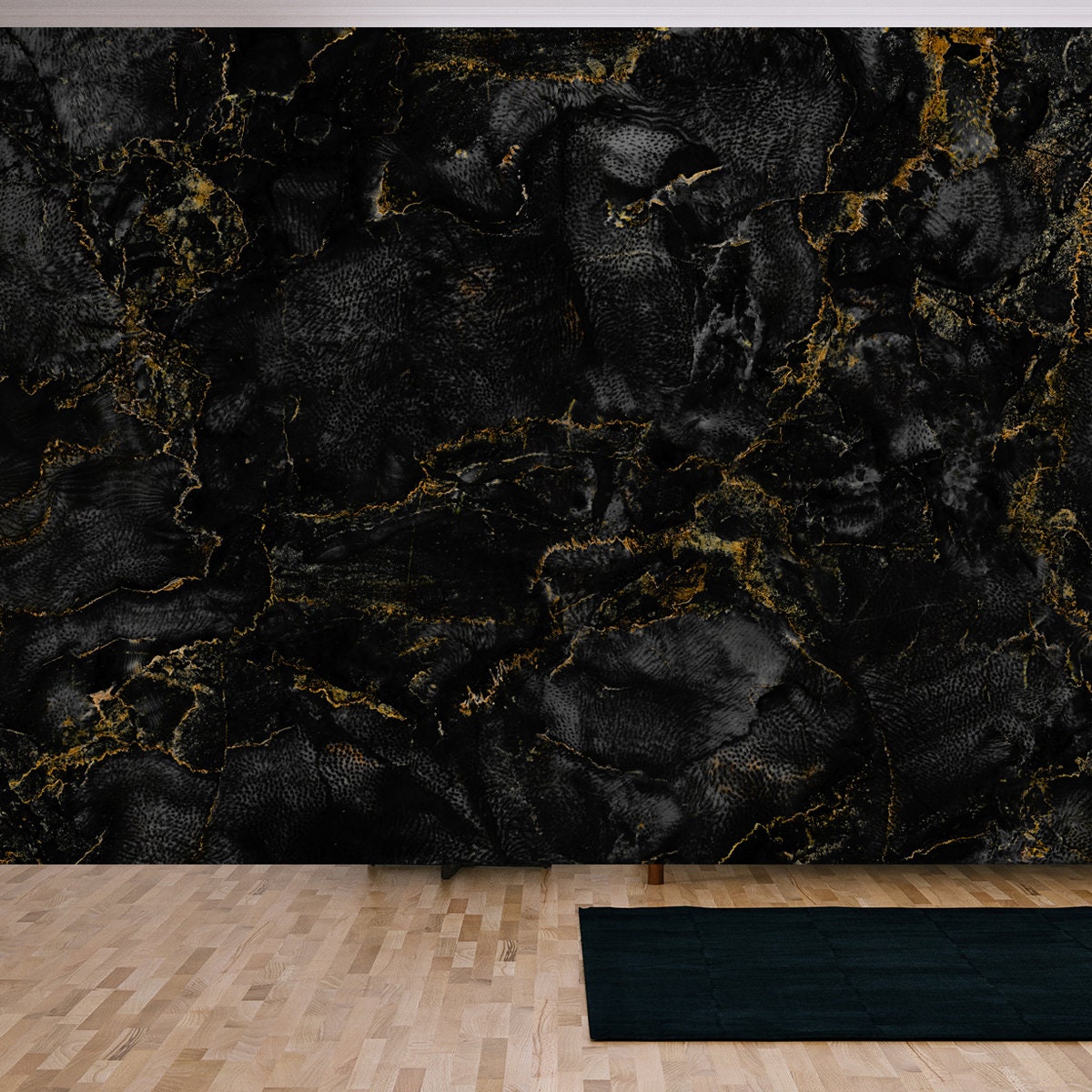 Natural Dark Black Marble Texture with Golden Veins, Black Granite Ceramic Tile Wallpaper Living Room Mural