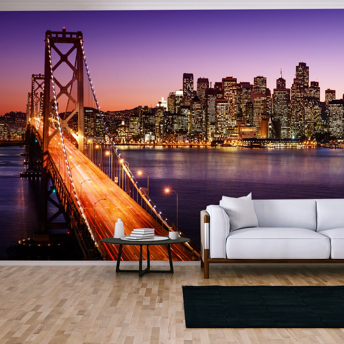 San Francisco Skyline and Bay Bridge at Sunset, California Wallpaper Living Room Mural