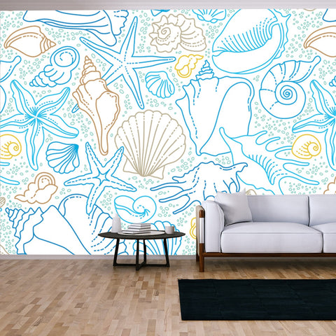 Vector Seamless Pattern of Line Art Tropical Sea Elements, Seashells, Sea Stars. Doodles of Marine Life Wallpaper Living Room Mural