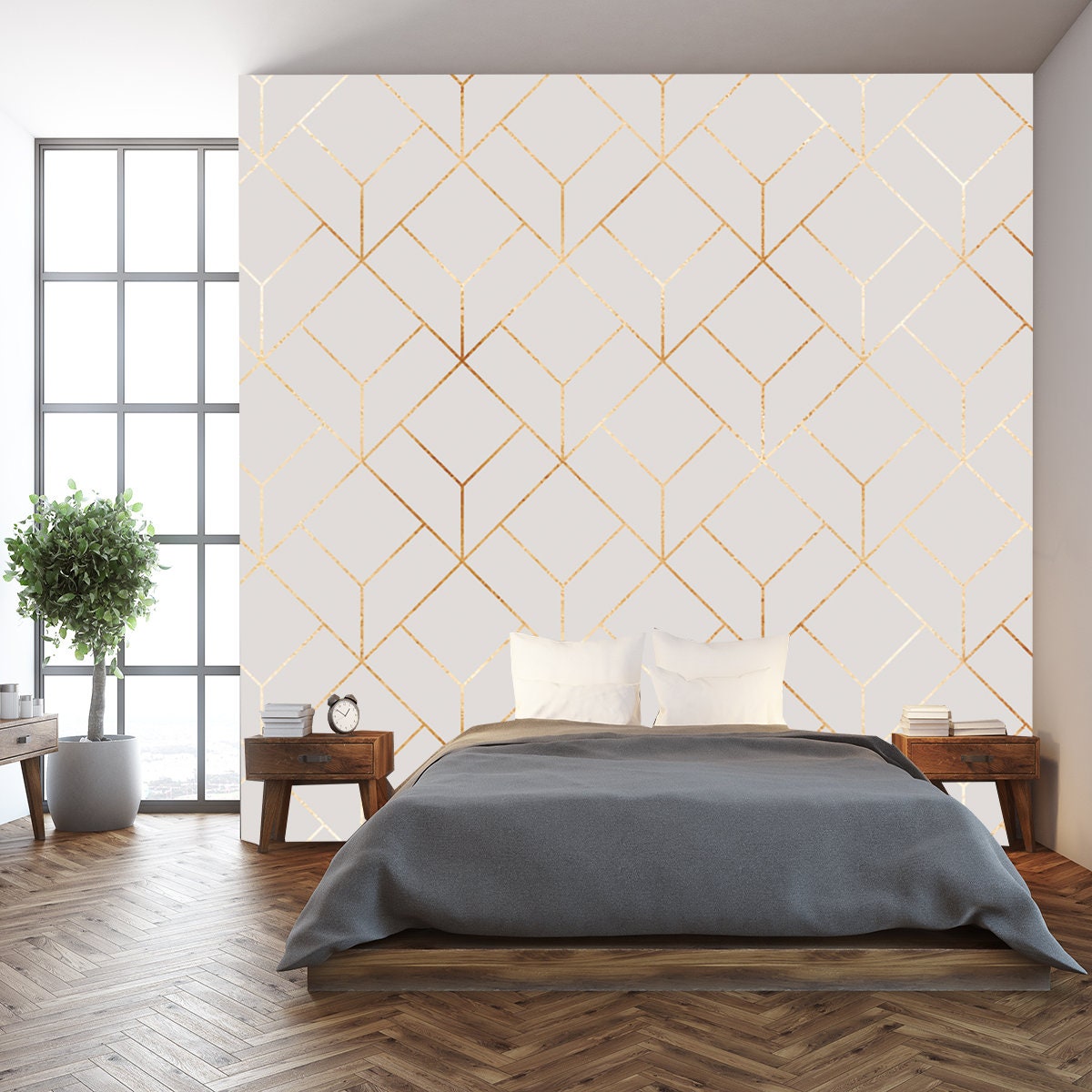 Elegant Gold Geometric Seamless Pattern with Hexagon Tiles Wallpaper Bedroom Mural