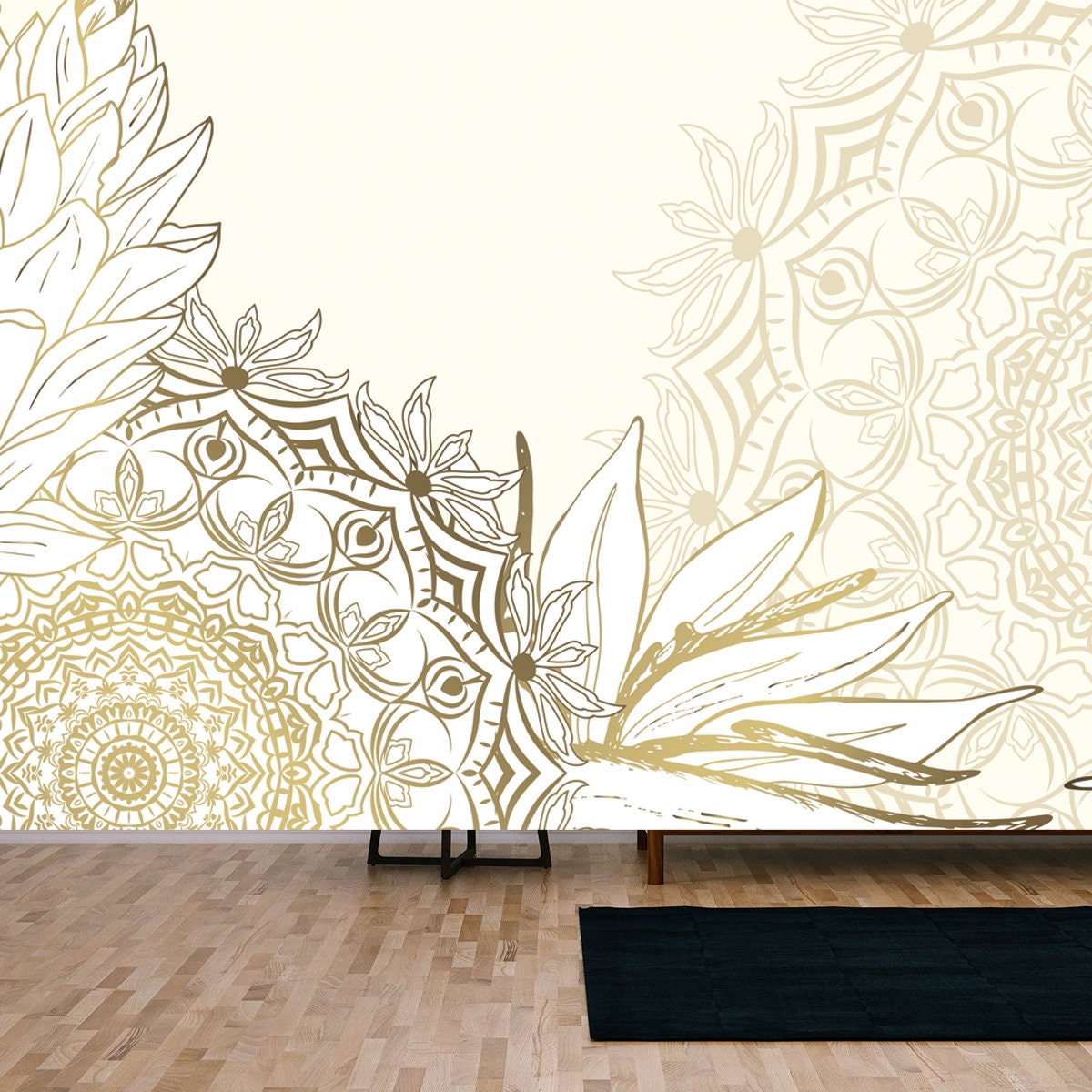 Luxurious Tropical Flowers and Mandala. Background Vector with Gold Metallic Decor Wallpaper Living Room Mural