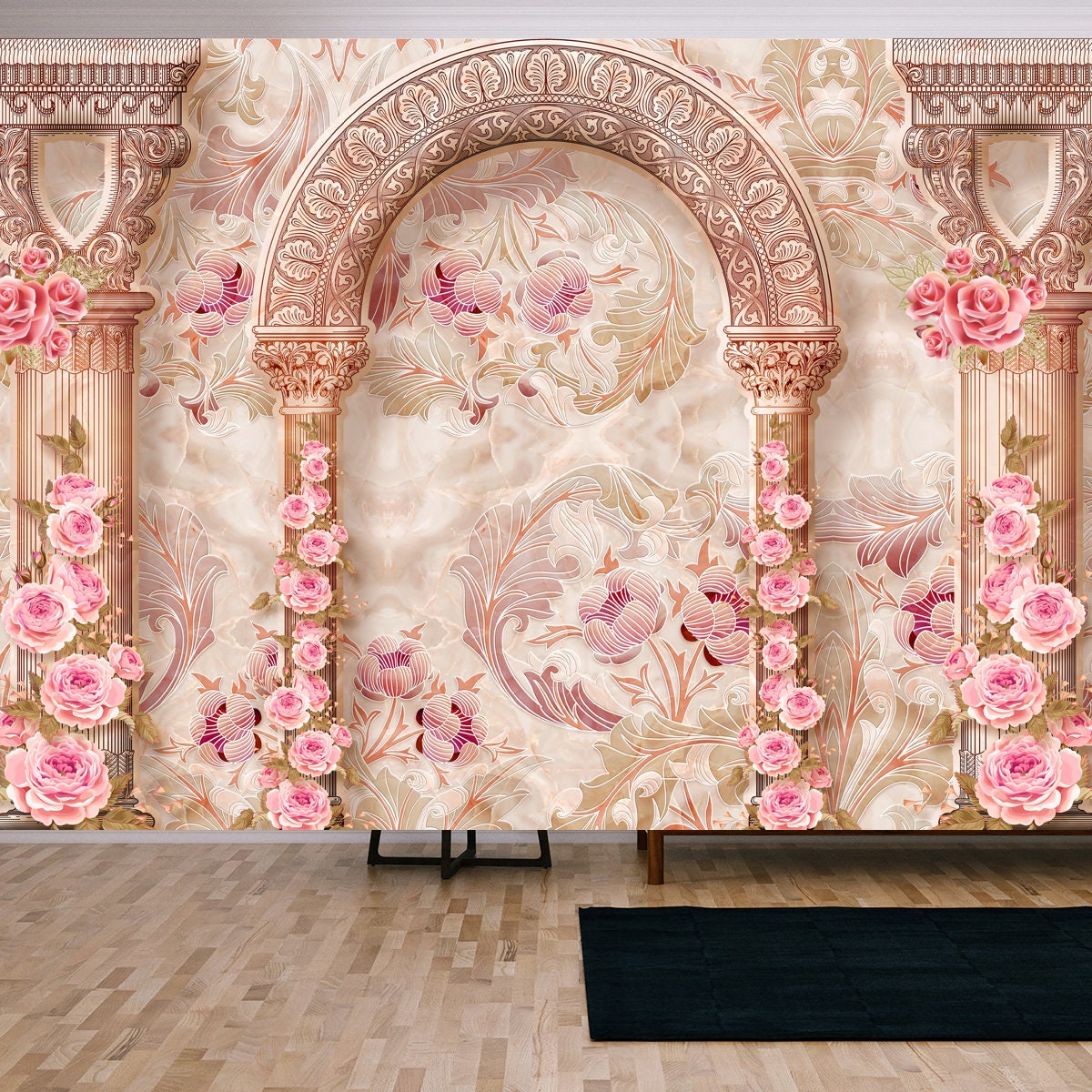 3d Wallpaper Marble Pattern Columns with Beautiful Pink Flowers Wallpaper Living Room Mural