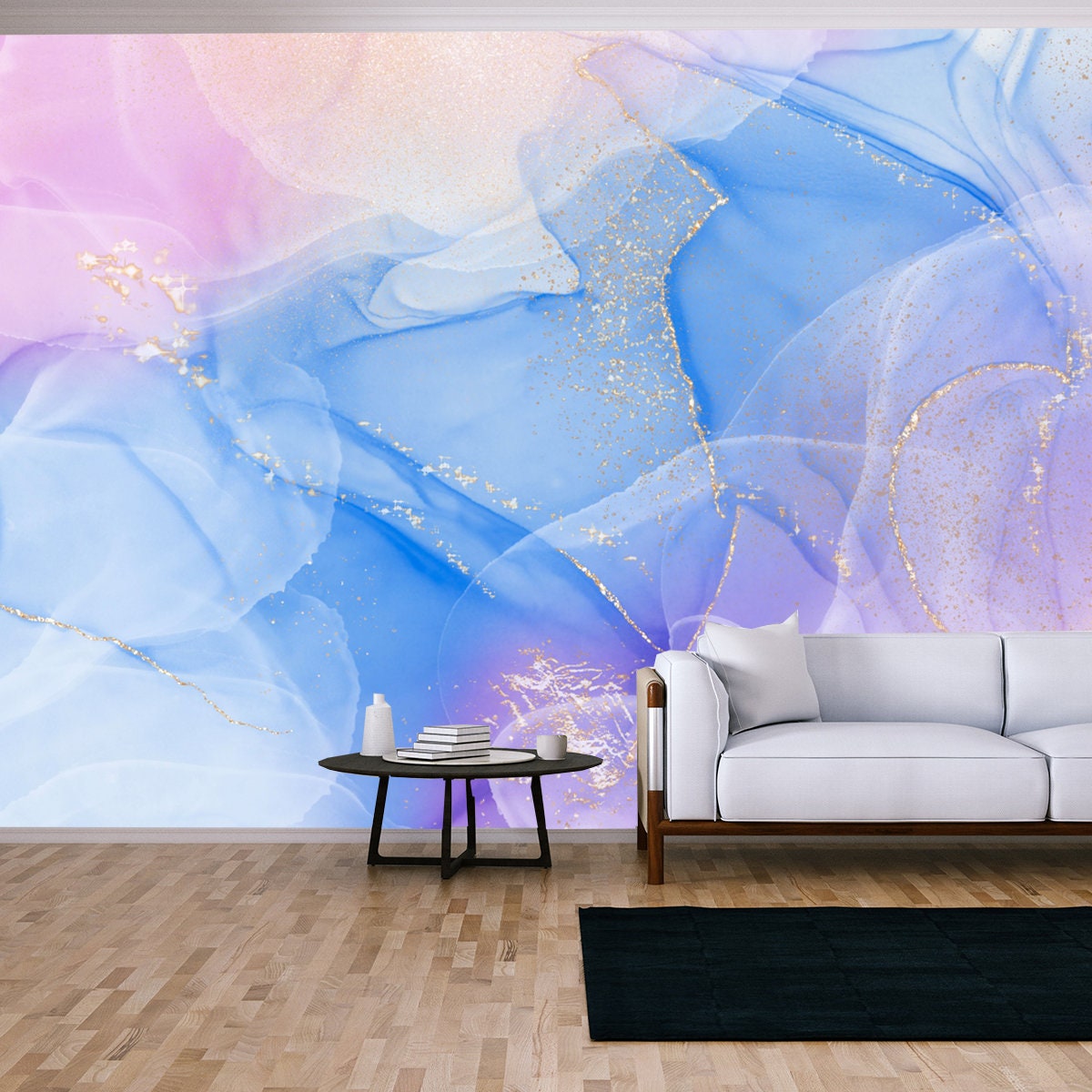 Pink, Blue and Gold Glitter Outline Wallpaper Living Room Mural