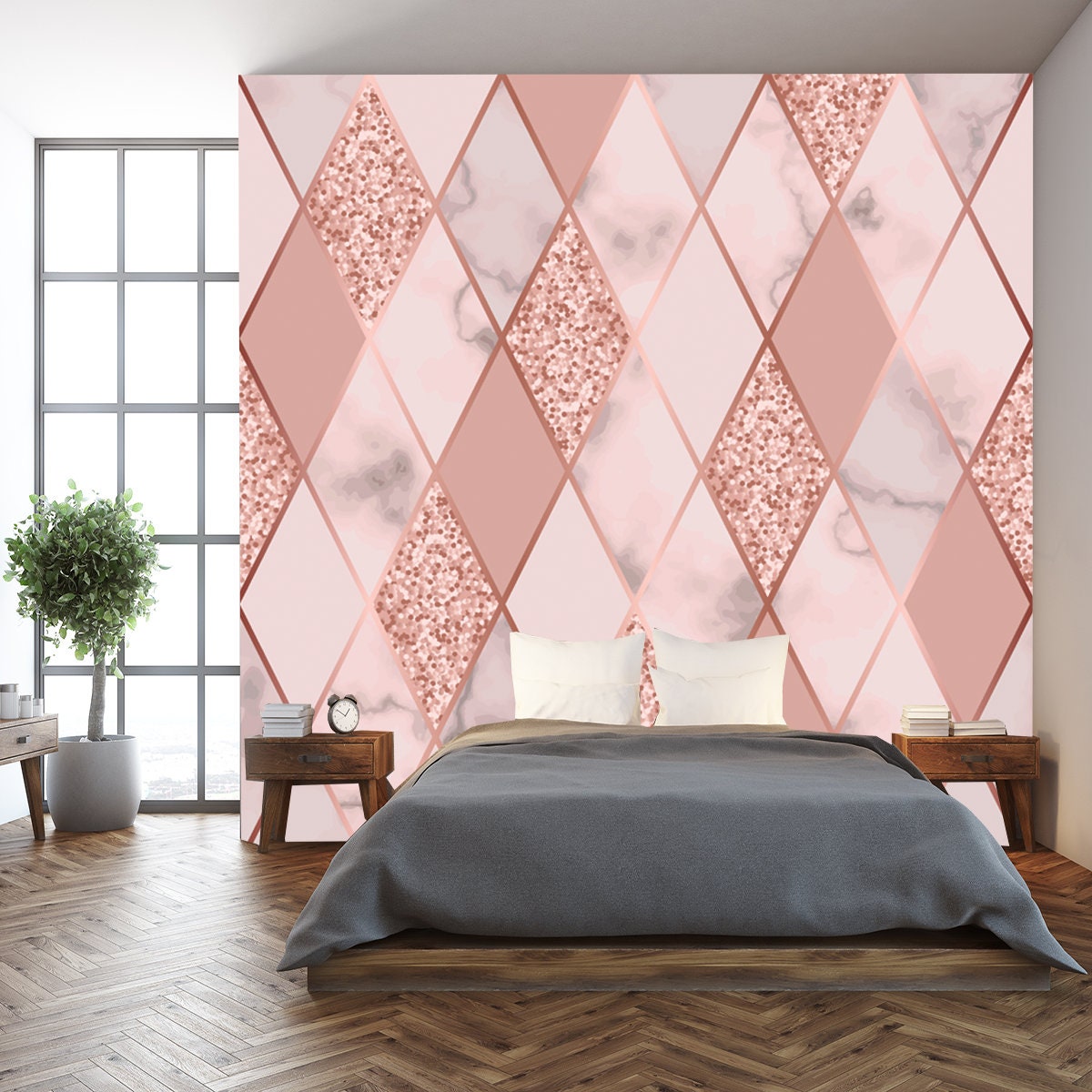 Pattern with Golden Geometric Diagonal Lines. Gold Glitter, White and Pink Rhombus Marbling Wallpaper Bedroom Mural