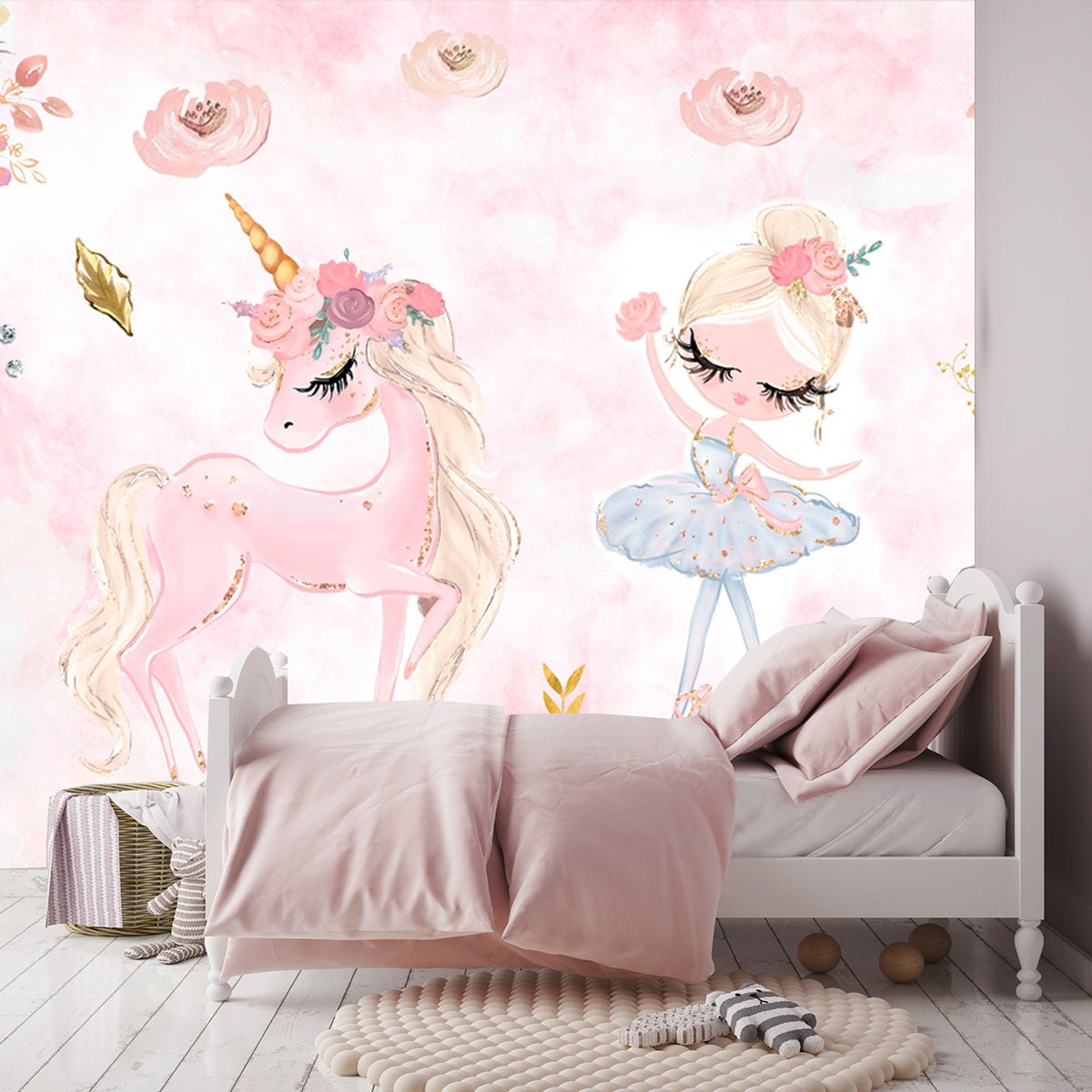 Unicorn and a Ballerina Princess on a Floral Background Wallpaper Girl Bedroom Mural