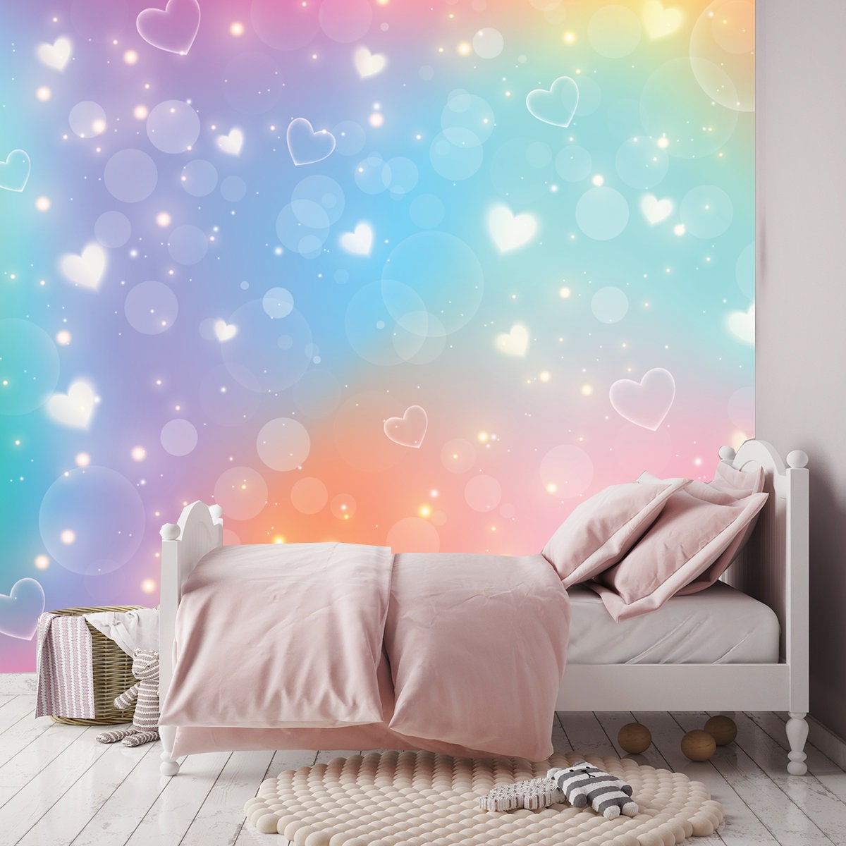 Abstract Background with Stars and Hearts. Purple Rainbow Sky with Glitter Wallpaper Girl Bedroom Mural