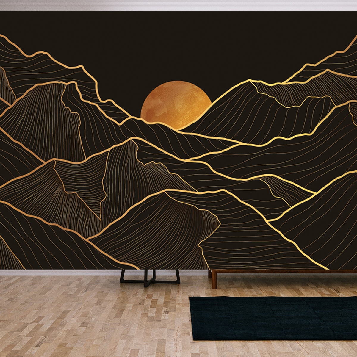 Mountain Line Art Background, Luxury Gold Wallpaper Living Room Mural