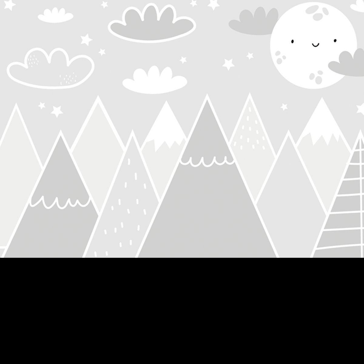 Hand Drawn Color Mountain Illustration in Scandinavian Style. Mountain Landscape, Clouds and Cute Moon Wallpaper Nursery Mural