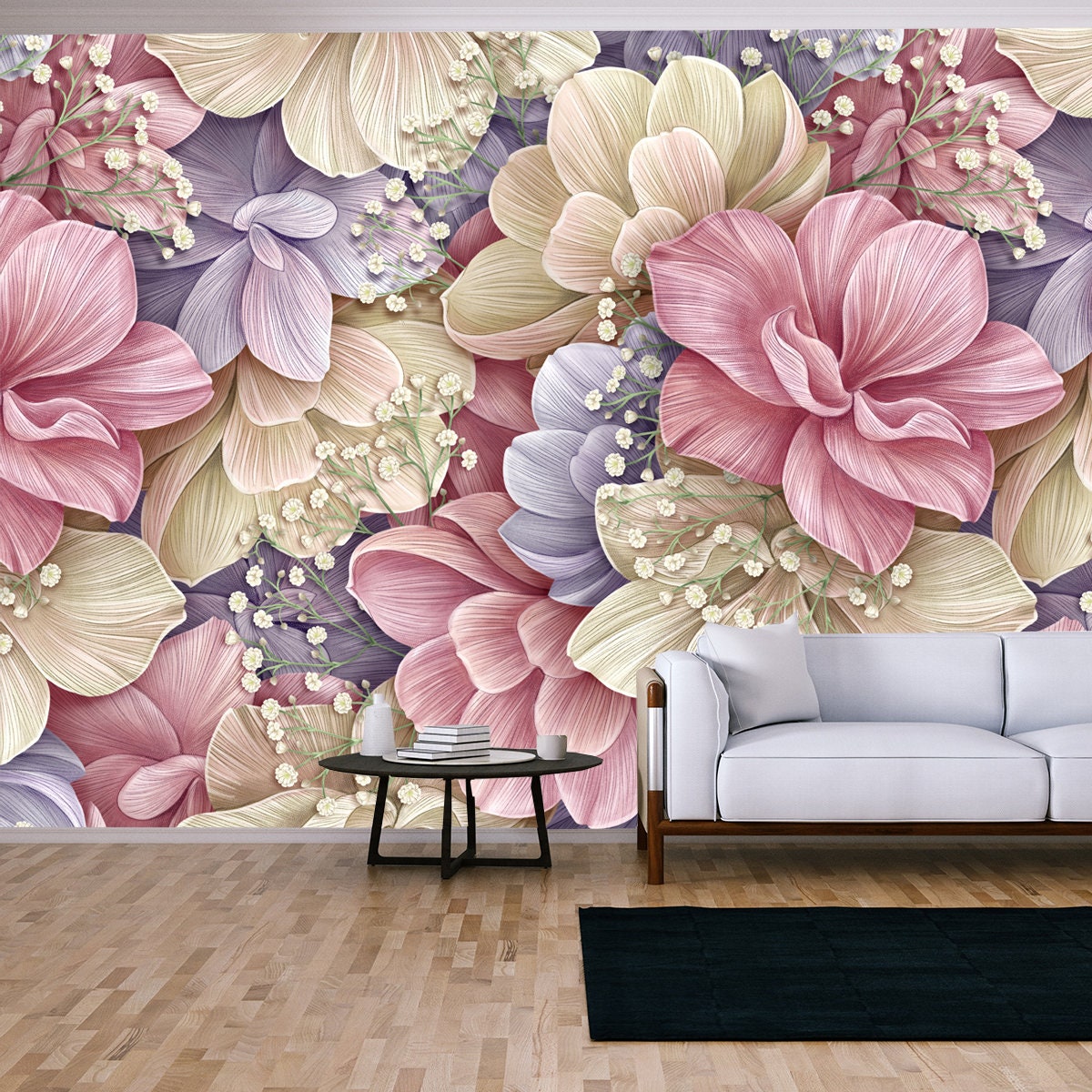 Romantic Delicate Flowers, Hydrangea, Pink, Beige, Purple, White Gypsophila Wallpaper Living Room Mural