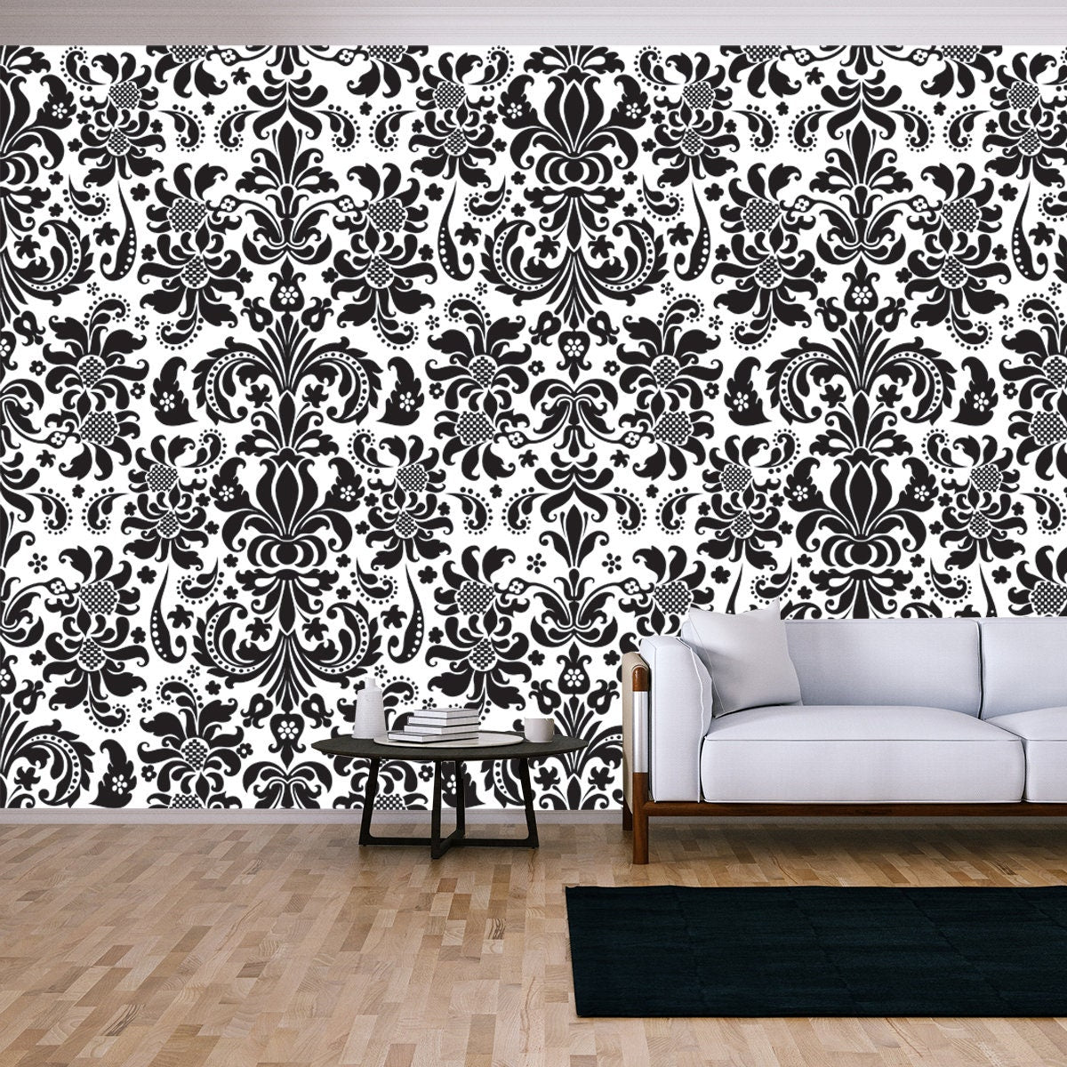 Seamless Background Damask. Ornate Black and White Vintage Background Wallpaper Living Room Mural
