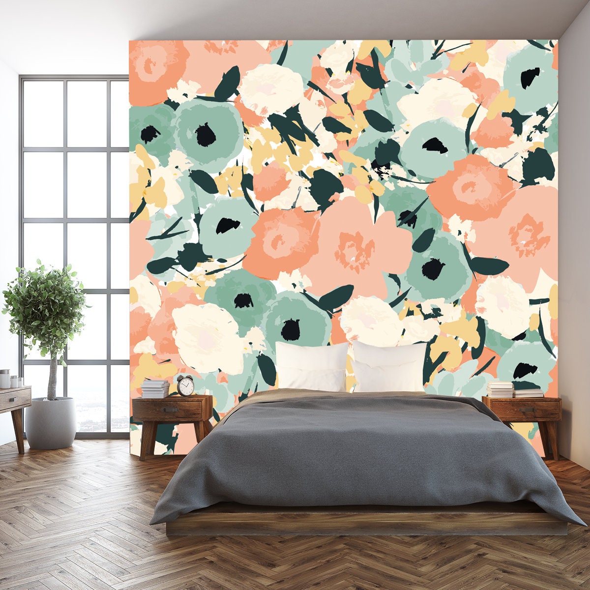 Seamless Pattern with Bright Flowers Drawn by Paint Wallpaper Bedroom Mural