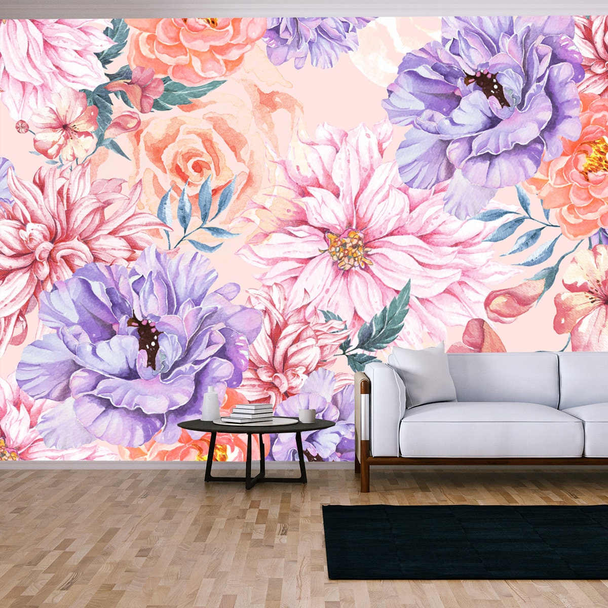 Pattern of Chrysanthemum, Rose, Peony and Blooming Flowers with Watercolor on Pastel Colors Wallpaper Living Room Mural