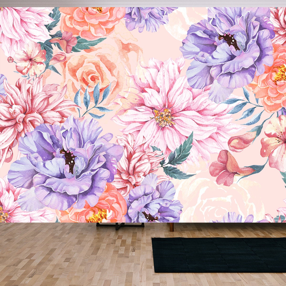 Pattern of Chrysanthemum, Rose, Peony and Blooming Flowers with Watercolor on Pastel Colors Wallpaper Living Room Mural
