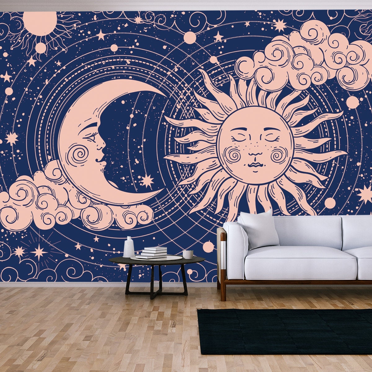 Banner for Astrology, Divination, Magic. The Device of the Universe, Crescent Moon and Sun with Moon on a Blue Wallpaper Living Room Mural