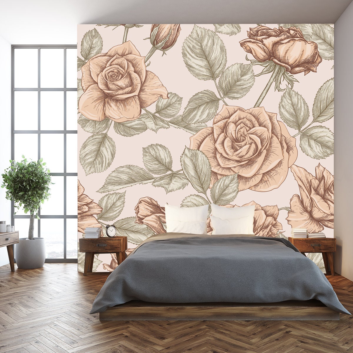 Seamless Pattern with Roses Flowers in Beige Vintage Colors Wallpaper Living Room Mural