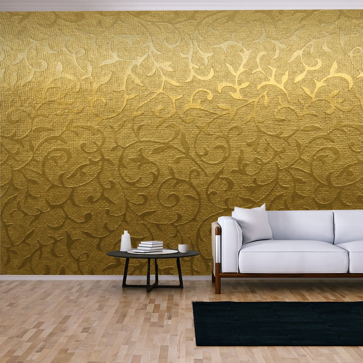 Golden Floral Ornament Brocade Textile Pattern Wallpaper Living Room Mural