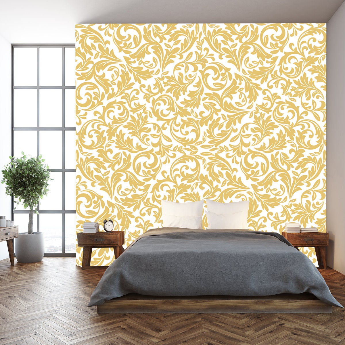 Floral Pattern. Wallpaper Baroque, Damask. White and Gold Ornament Wallpaper Bedroom Mural