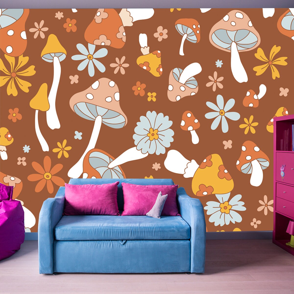 Retro 70s 60s Floral Hippie Mushrooms Summer Groovy Flower Power Vector Seamless Pattern Wallpaper Teen Bedroom Mural
