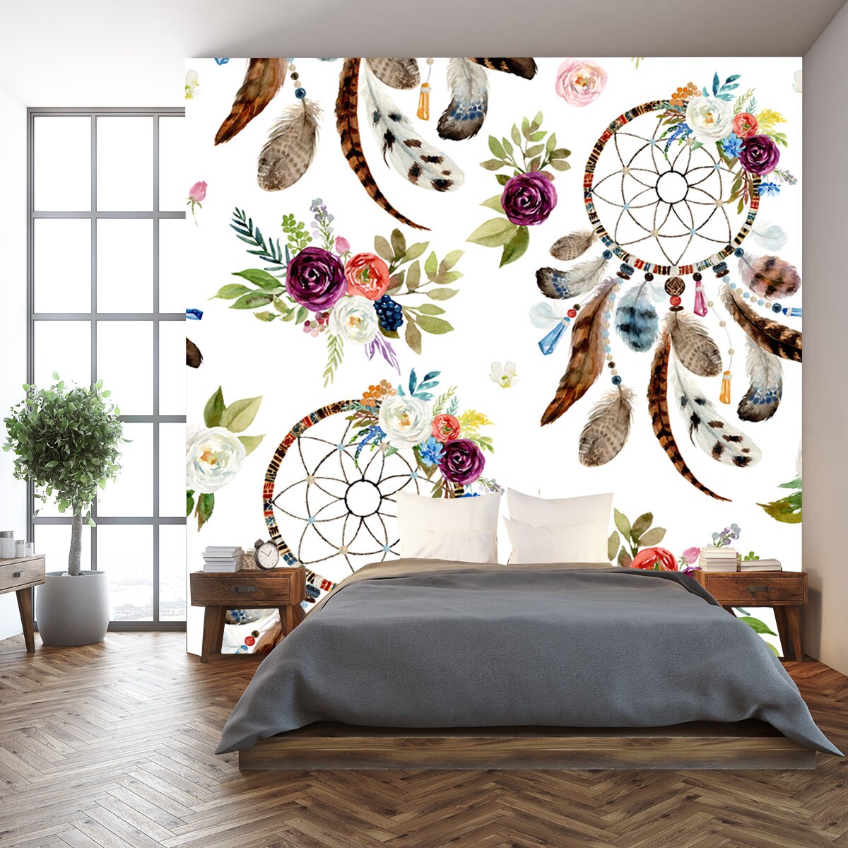 Watercolor Ethnic Boho Floral Pattern. Dreamcatchers and Flowers on White Background Wallpaper Bedroom Mural