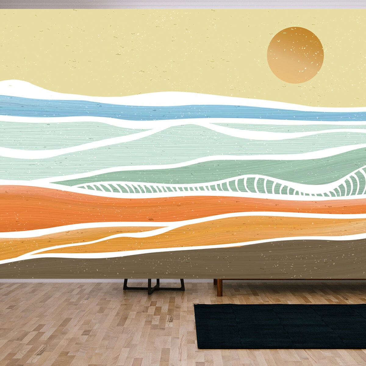 Creative Minimalist Modern Paint and Line Art Print. Abstract Ocean Wave and Mountain Contemporary Aesthetic Wallpaper Living Room Mural