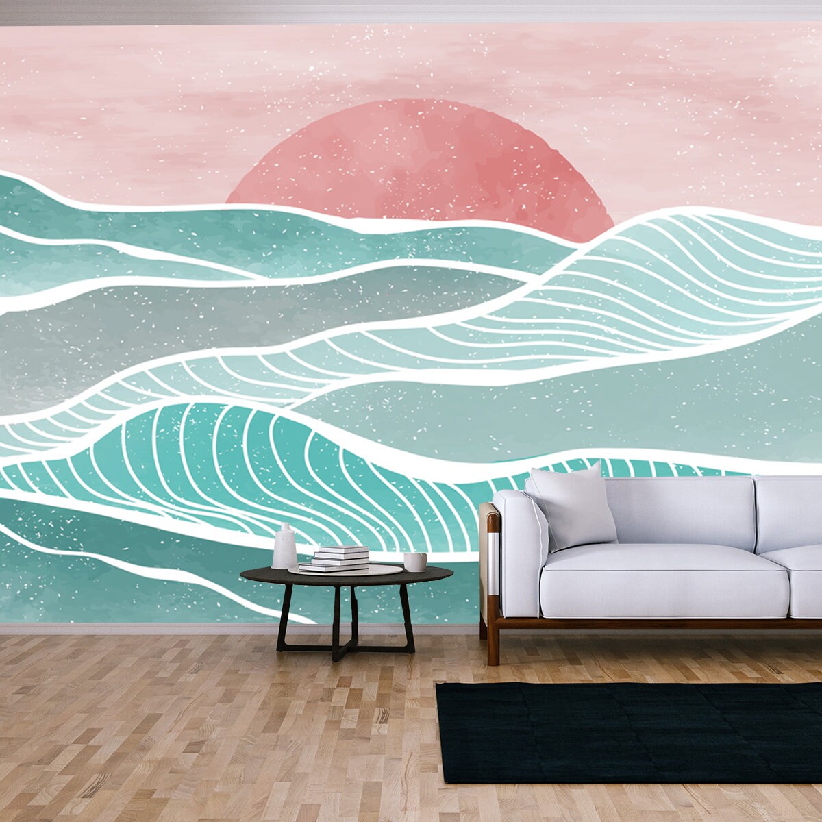 Creative Minimalist Modern Paint and Line Art. Abstract Ocean Wave and Mountain Contemporary Aesthetic Backgrounds Landscapes Mural