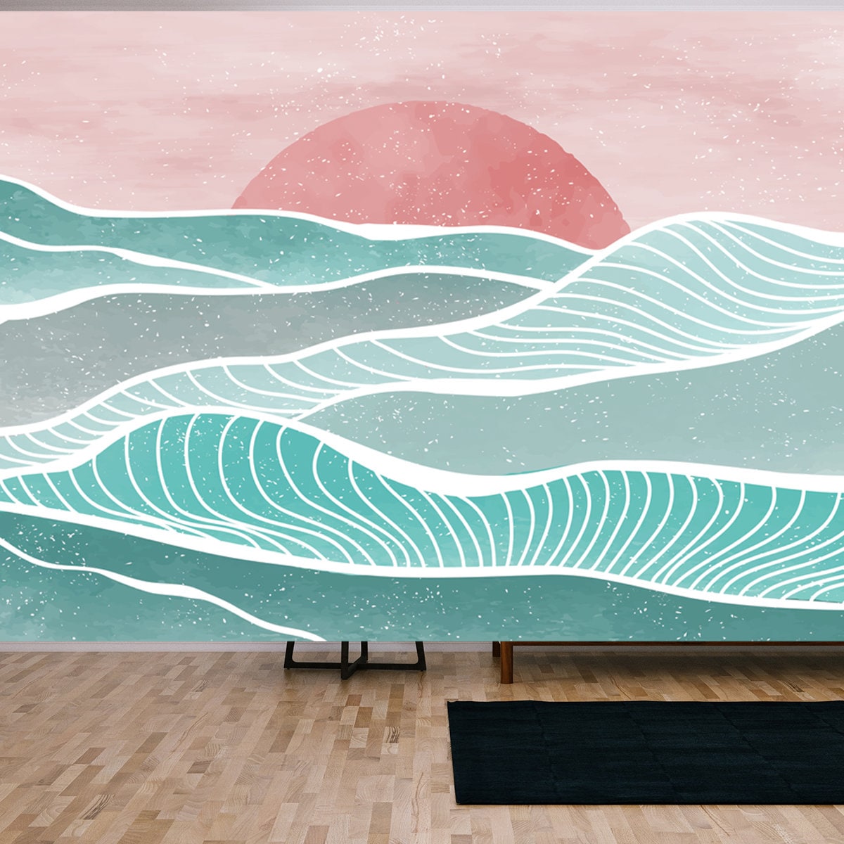 Creative Minimalist Modern Paint and Line Art. Abstract Ocean Wave and Mountain Contemporary Aesthetic Backgrounds Landscapes Mural